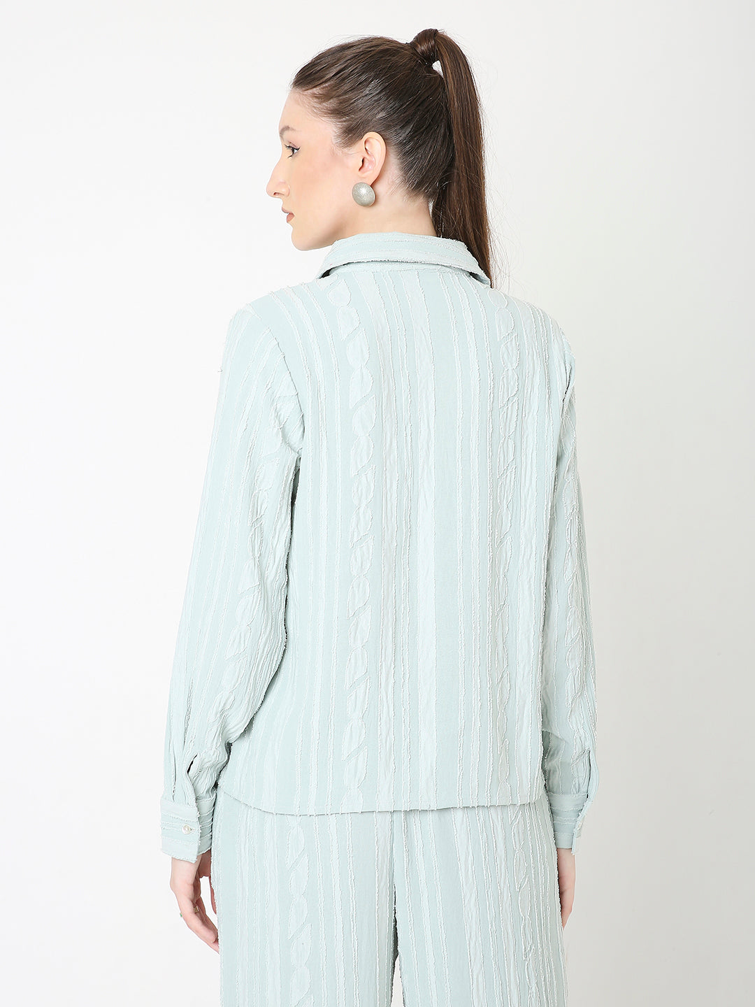 PASTEL GREEN RELAXED STRIPED SHIRT & WIDE-LEG PANTS CO-ORD SET