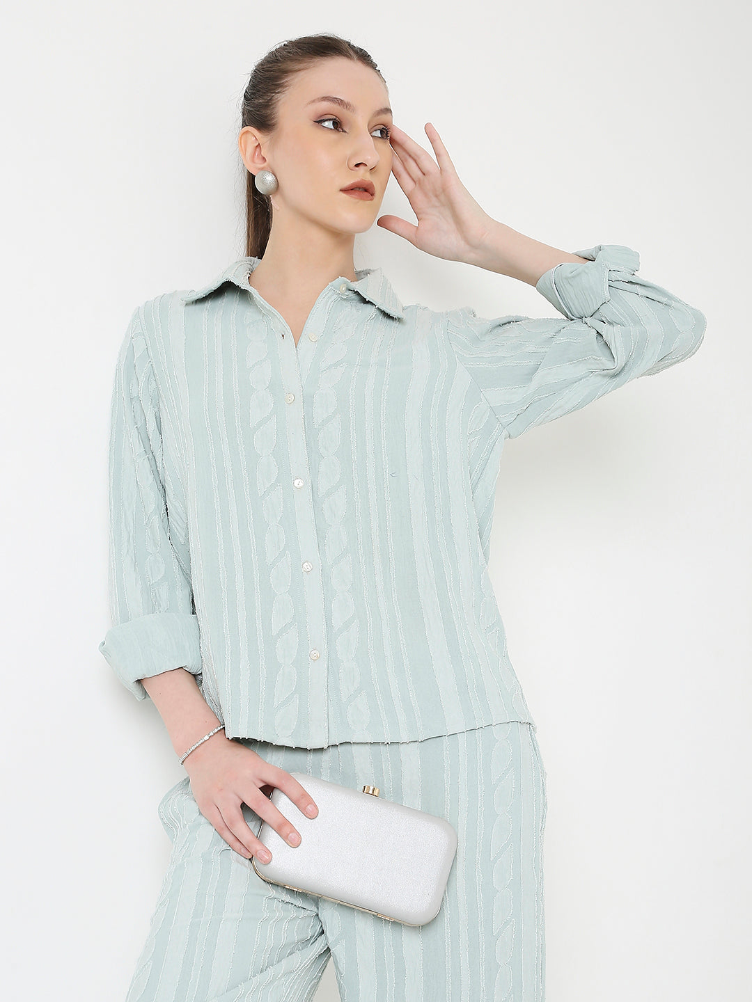 PASTEL GREEN RELAXED STRIPED SHIRT & WIDE-LEG PANTS CO-ORD SET