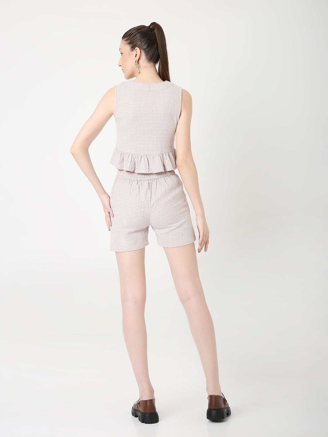 CHIC PEACH TEXTURED RUFFLE CROP TOP AND HIGH-WAISTED SHORTS CO-ORD SET