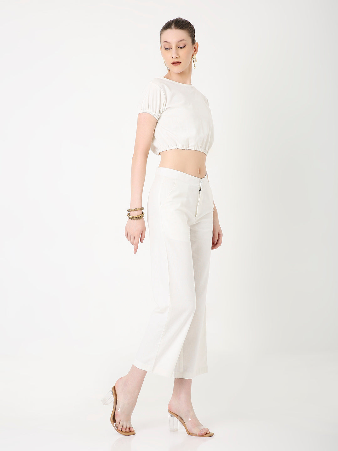 CROPPED PUFF SLEEVE TOP AND HIGH-WAIST PANT CO-ORD SET