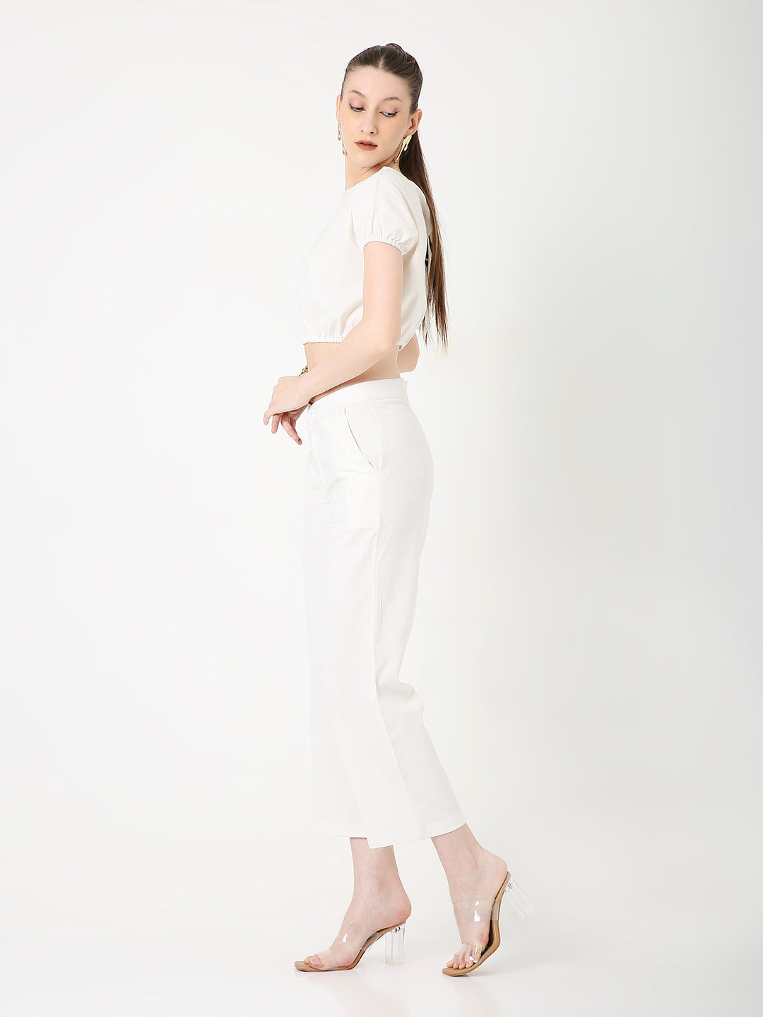 CROPPED PUFF SLEEVE TOP AND HIGH-WAIST PANT CO-ORD SET