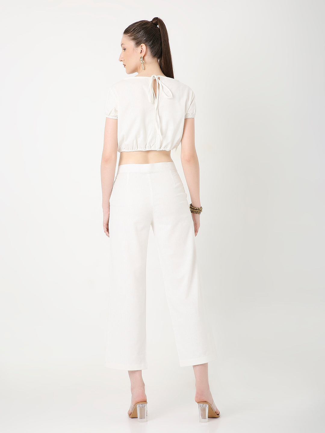CROPPED PUFF SLEEVE TOP AND HIGH-WAIST PANT CO-ORD SET