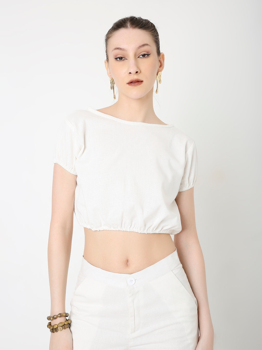 CROPPED PUFF SLEEVE TOP AND HIGH-WAIST PANT CO-ORD SET