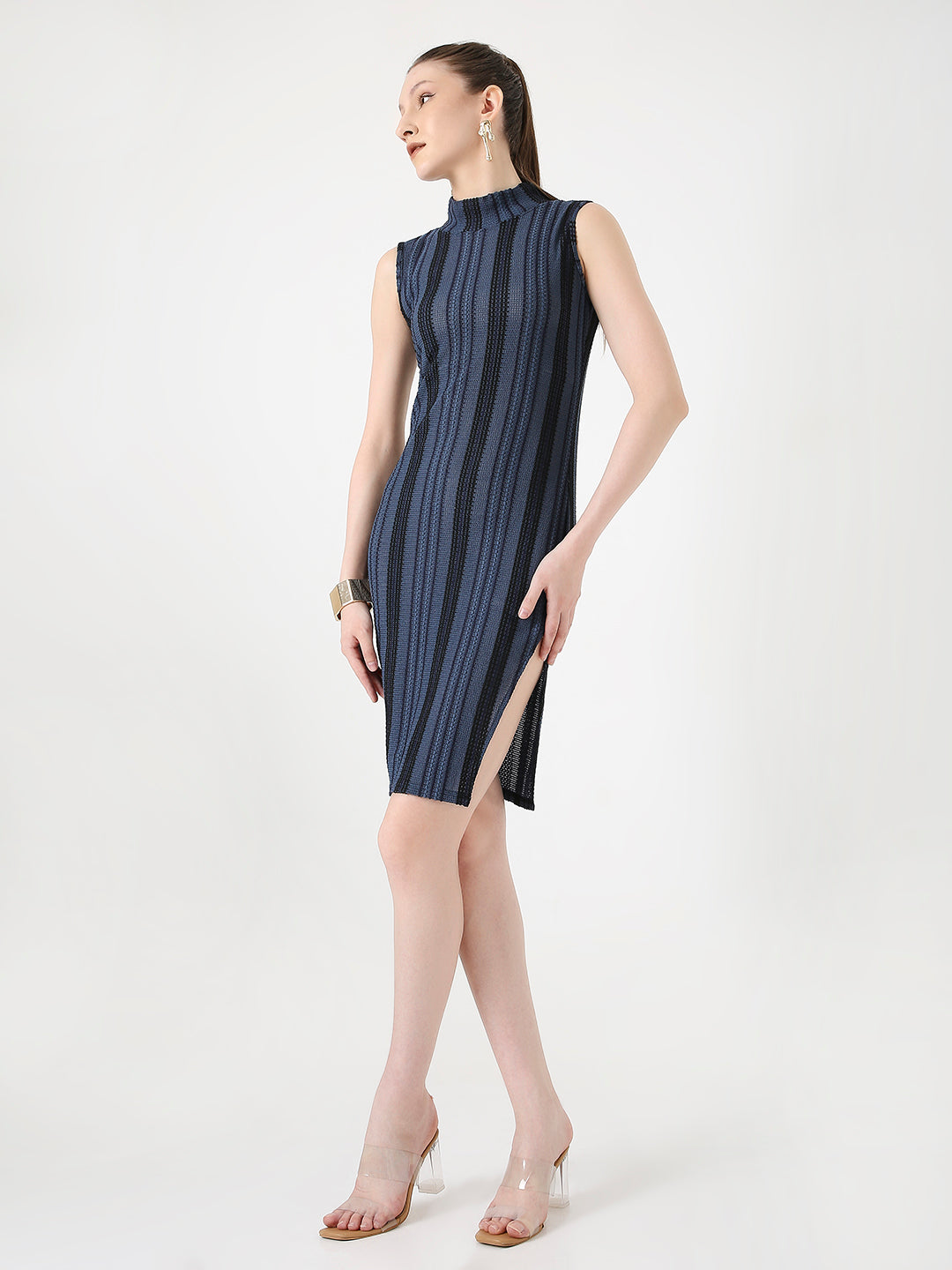 BLUE STRIPED PATTERNED SLEEVELESS HIGH NECK SHORT SLIT DRESS