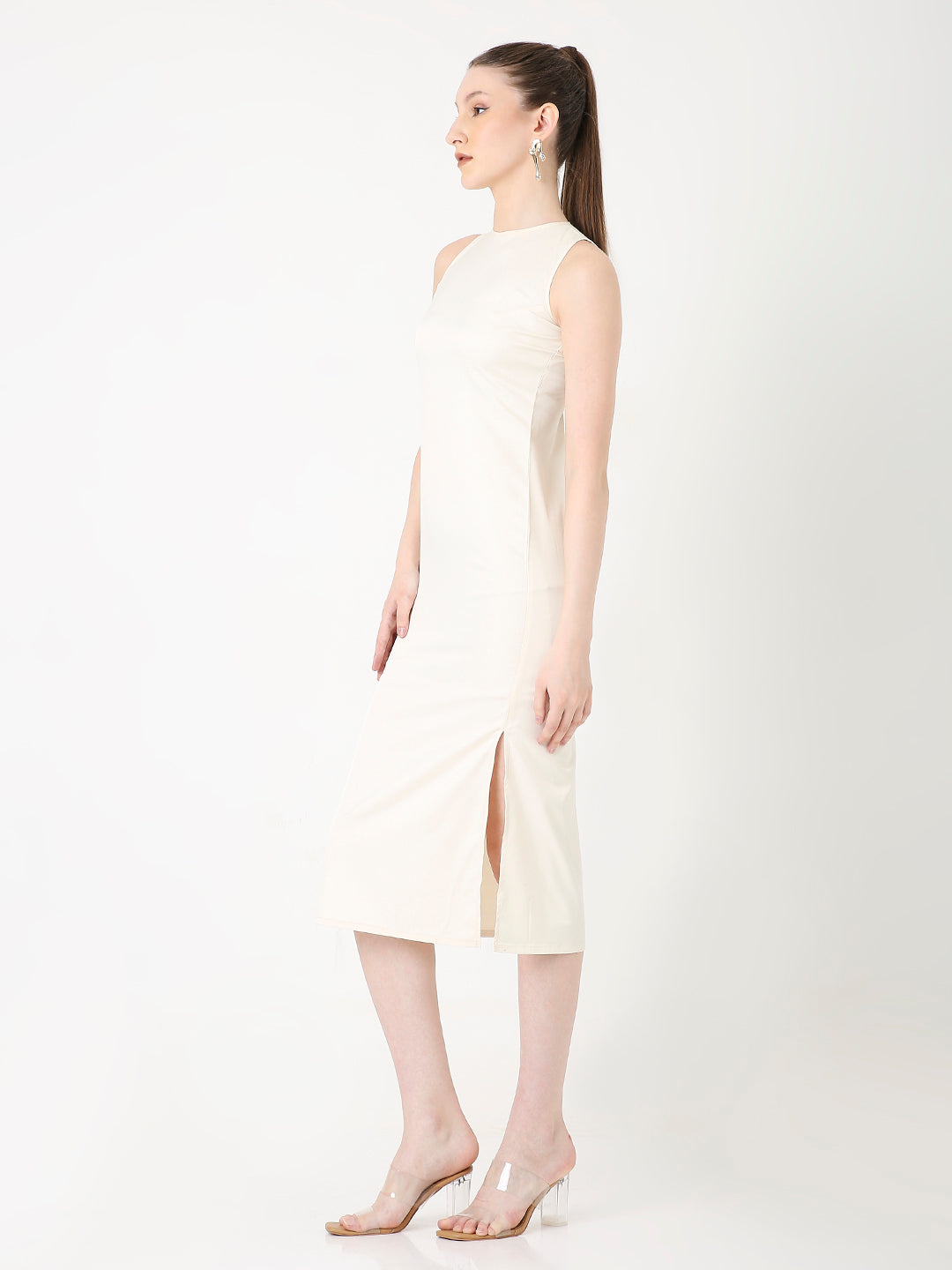 SATIN SLEEVELESS MIDI DRESS WITH SIDE SLIT