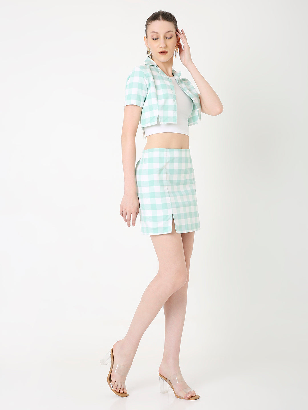JADE GREEN GINGHAM CHECK CROPPED JACKET AND SHIRT CO-ORD SET