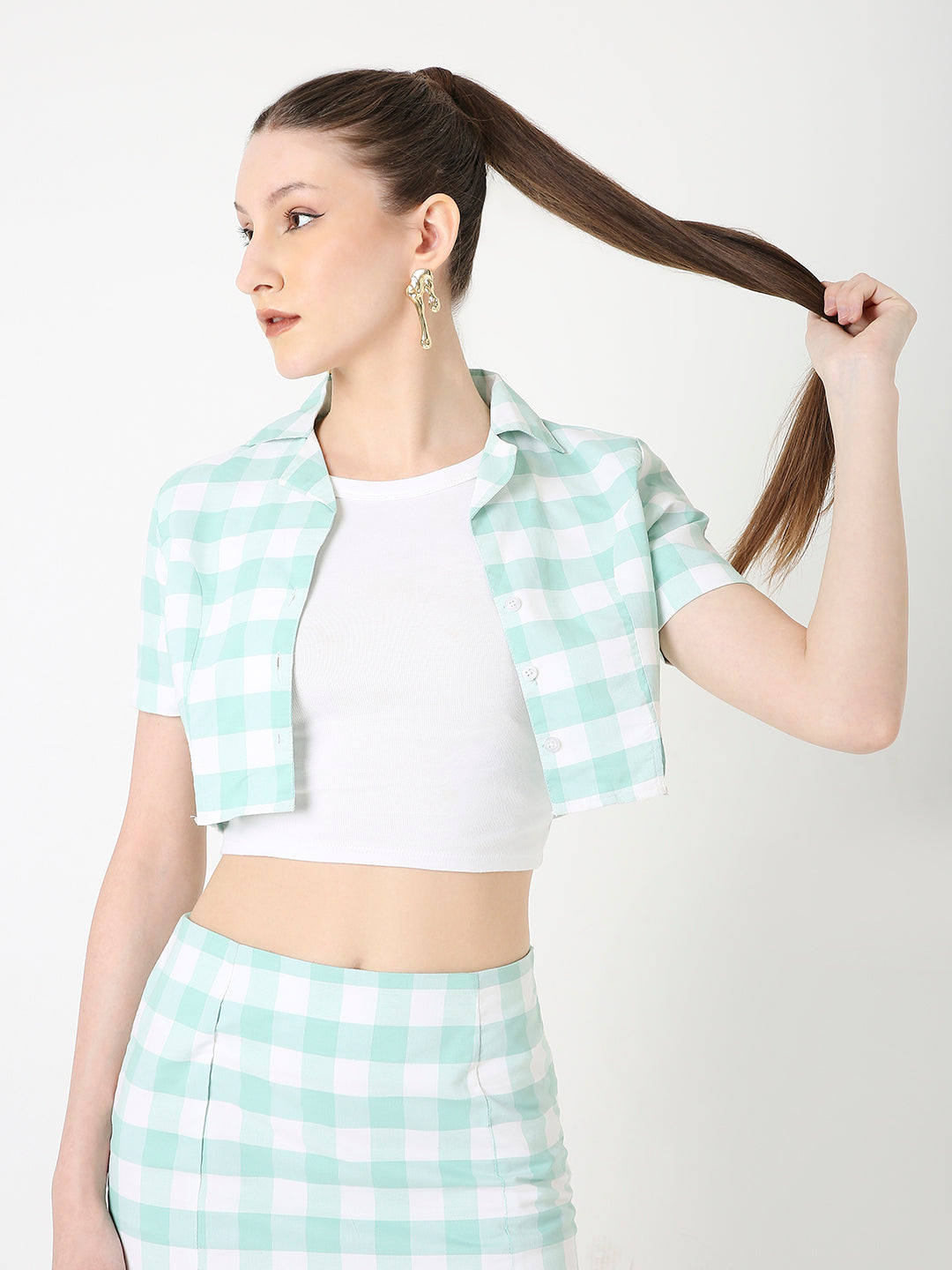 JADE GREEN GINGHAM CHECK CROPPED JACKET AND SHIRT CO-ORD SET