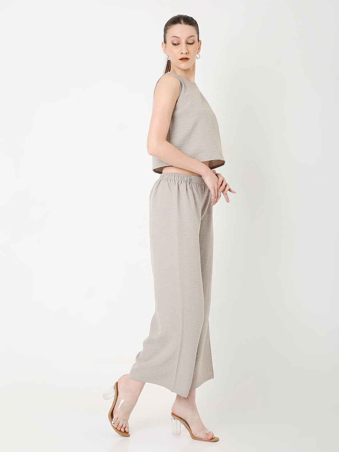 BEIGE MINIMALIST SLEEVELESS TOP AND WIDE-LEG PANTS CO-ORDSET