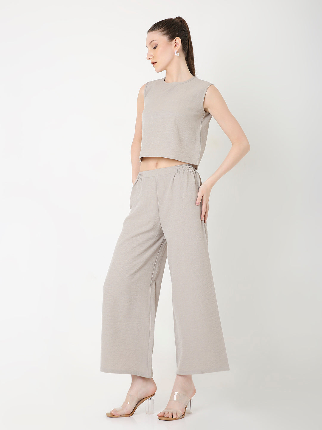 BEIGE MINIMALIST SLEEVELESS TOP AND WIDE-LEG PANTS CO-ORDSET