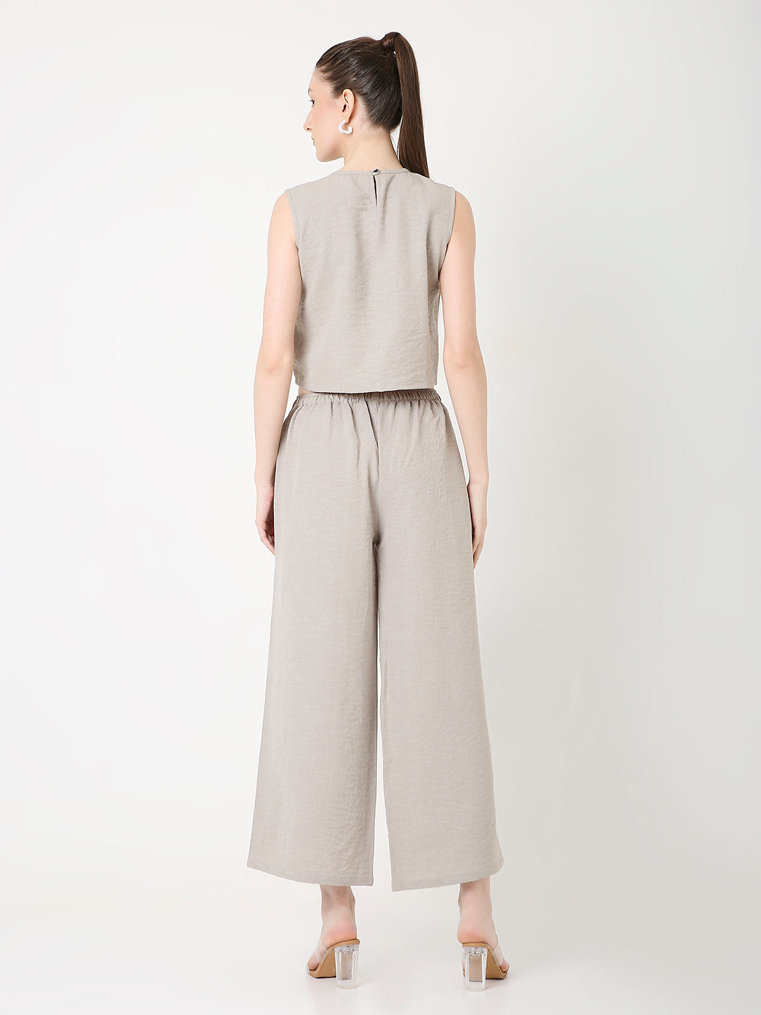 BEIGE MINIMALIST SLEEVELESS TOP AND WIDE-LEG PANTS CO-ORDSET