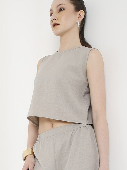 BEIGE MINIMALIST SLEEVELESS TOP AND WIDE-LEG PANTS CO-ORDSET