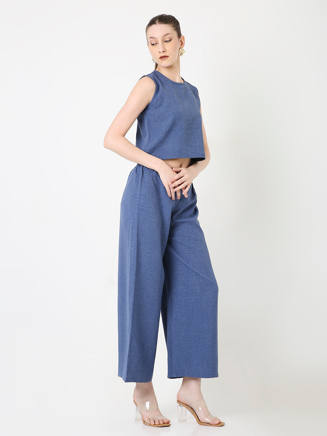 BLUE MINIMALIST SLEEVELESS TOP AND WIDE-LEG PANTS CO-ORDSET