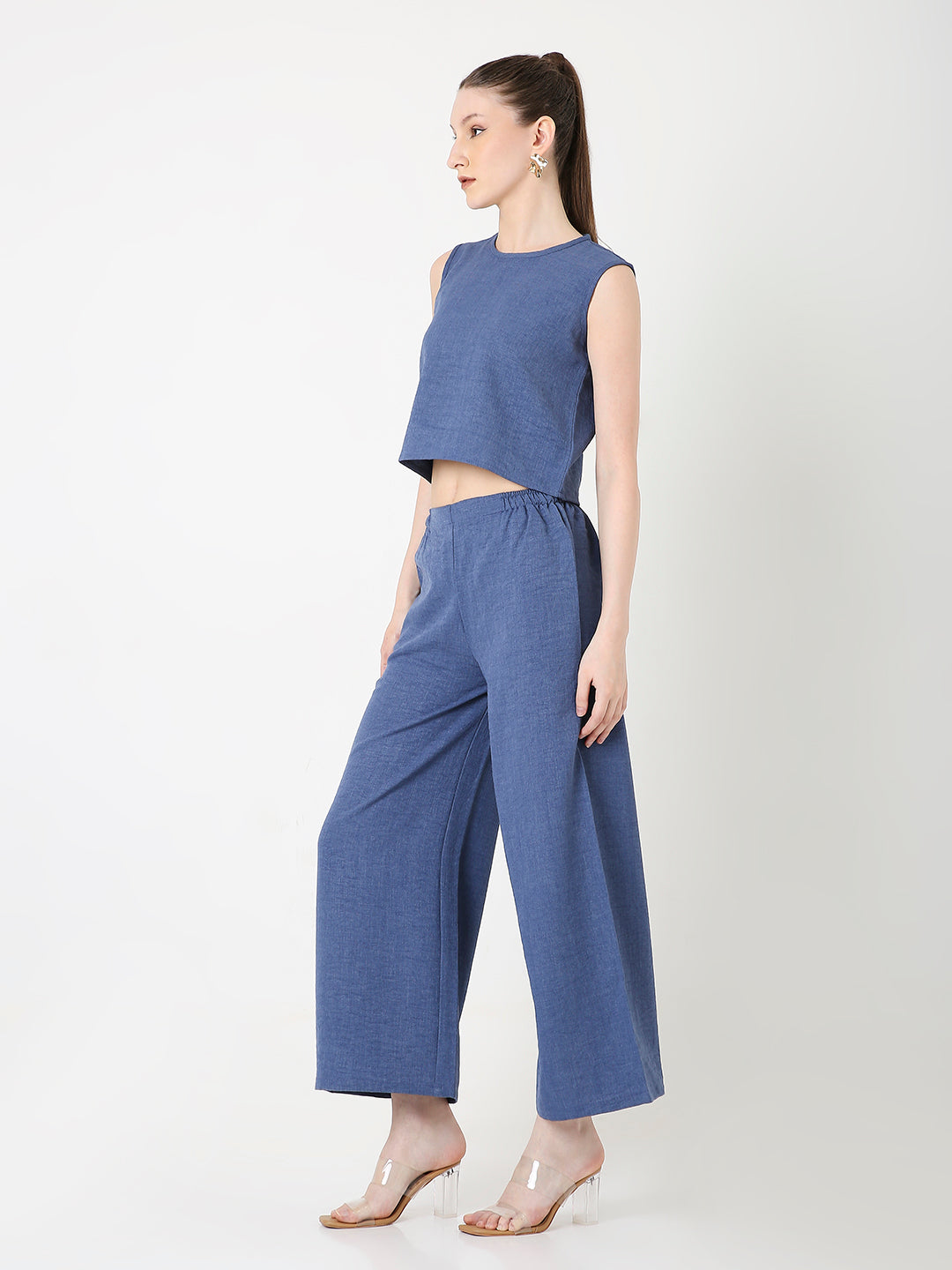 BLUE MINIMALIST SLEEVELESS TOP AND WIDE-LEG PANTS CO-ORDSET