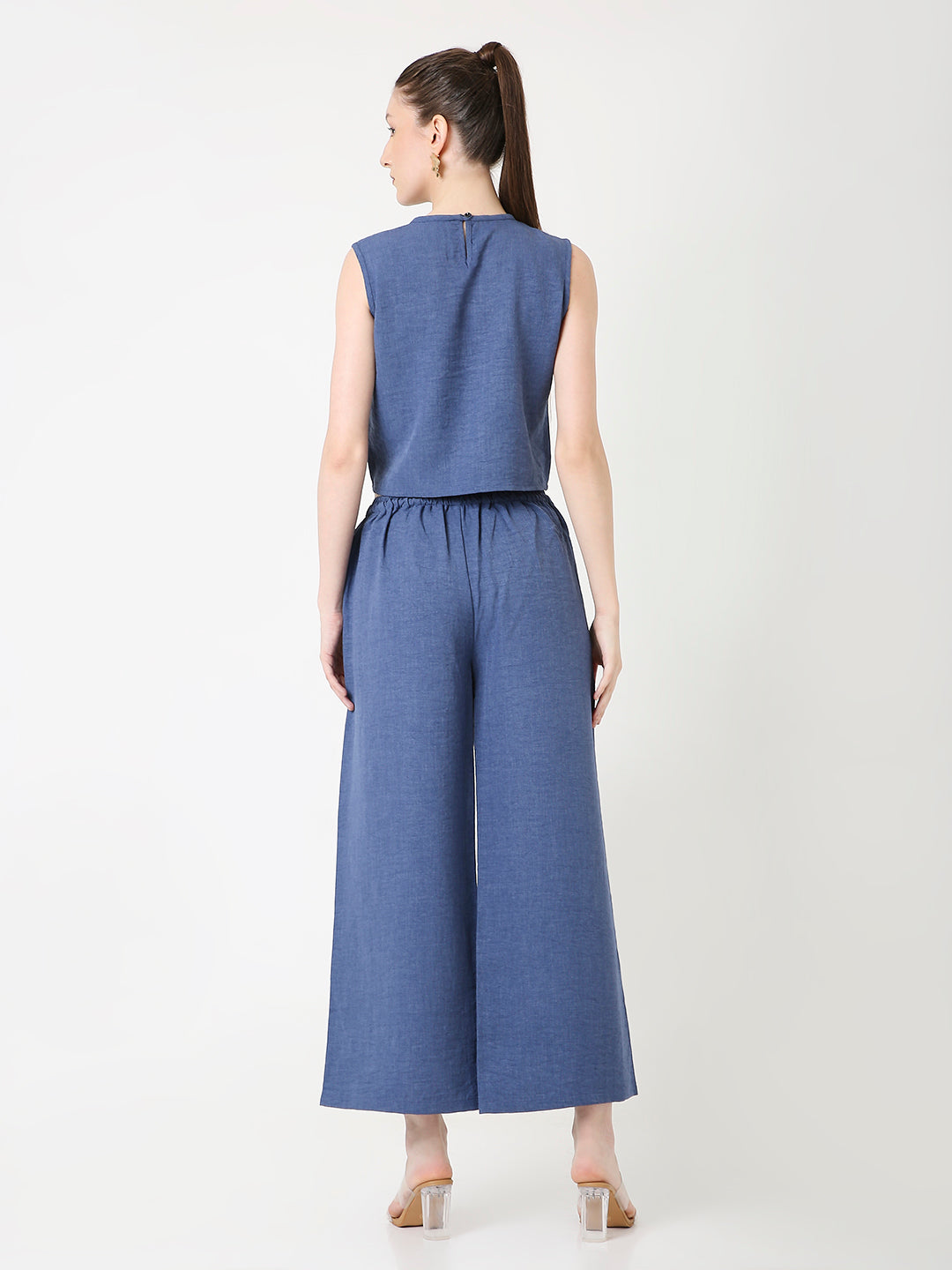 BLUE MINIMALIST SLEEVELESS TOP AND WIDE-LEG PANTS CO-ORDSET