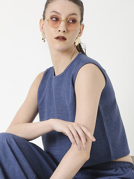 BLUE MINIMALIST SLEEVELESS TOP AND WIDE-LEG PANTS CO-ORDSET