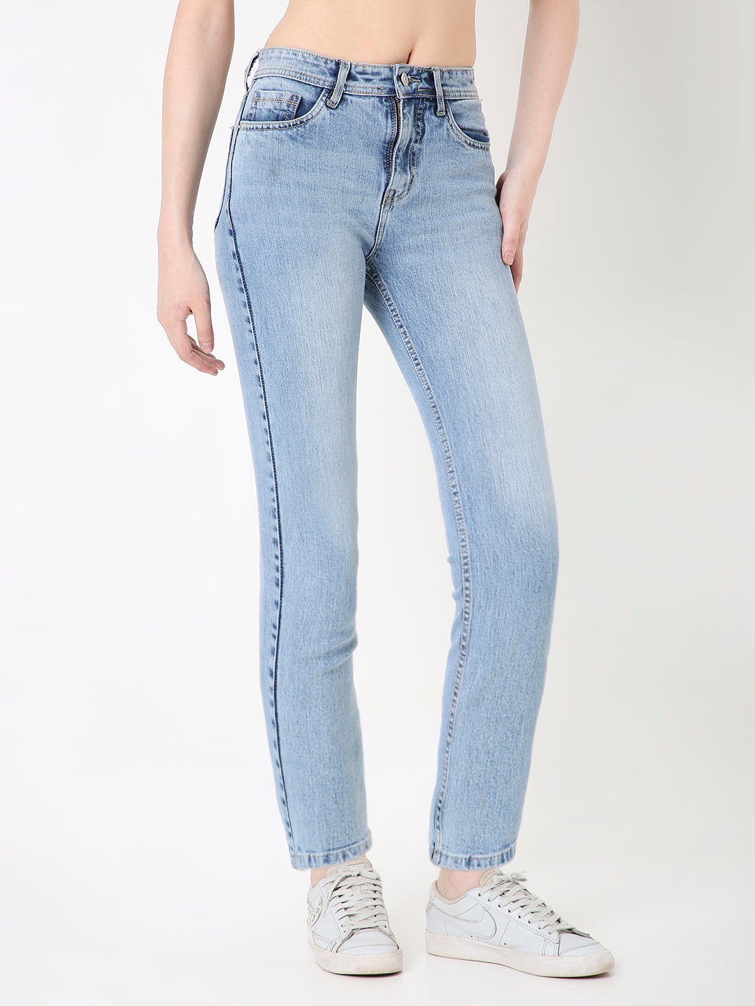 WOMENS BLUE SLIM STRAIGHT FIT DENIM JEANS