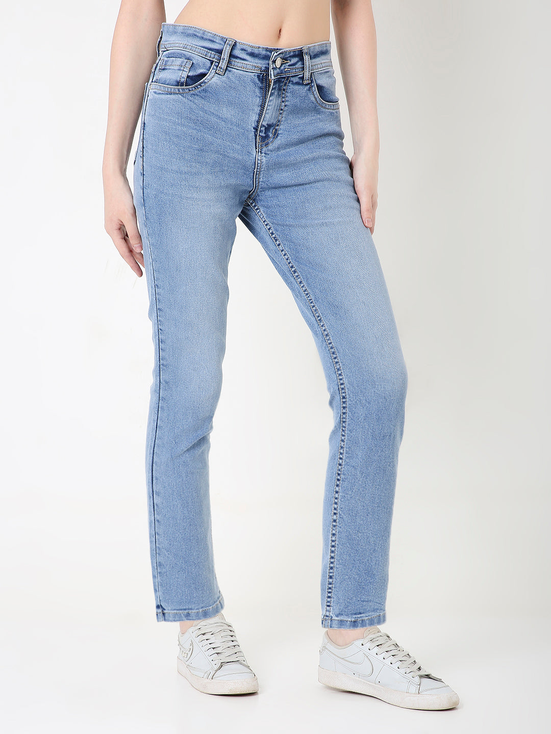 Light Blue High-Waist Straight Slim Jeans
