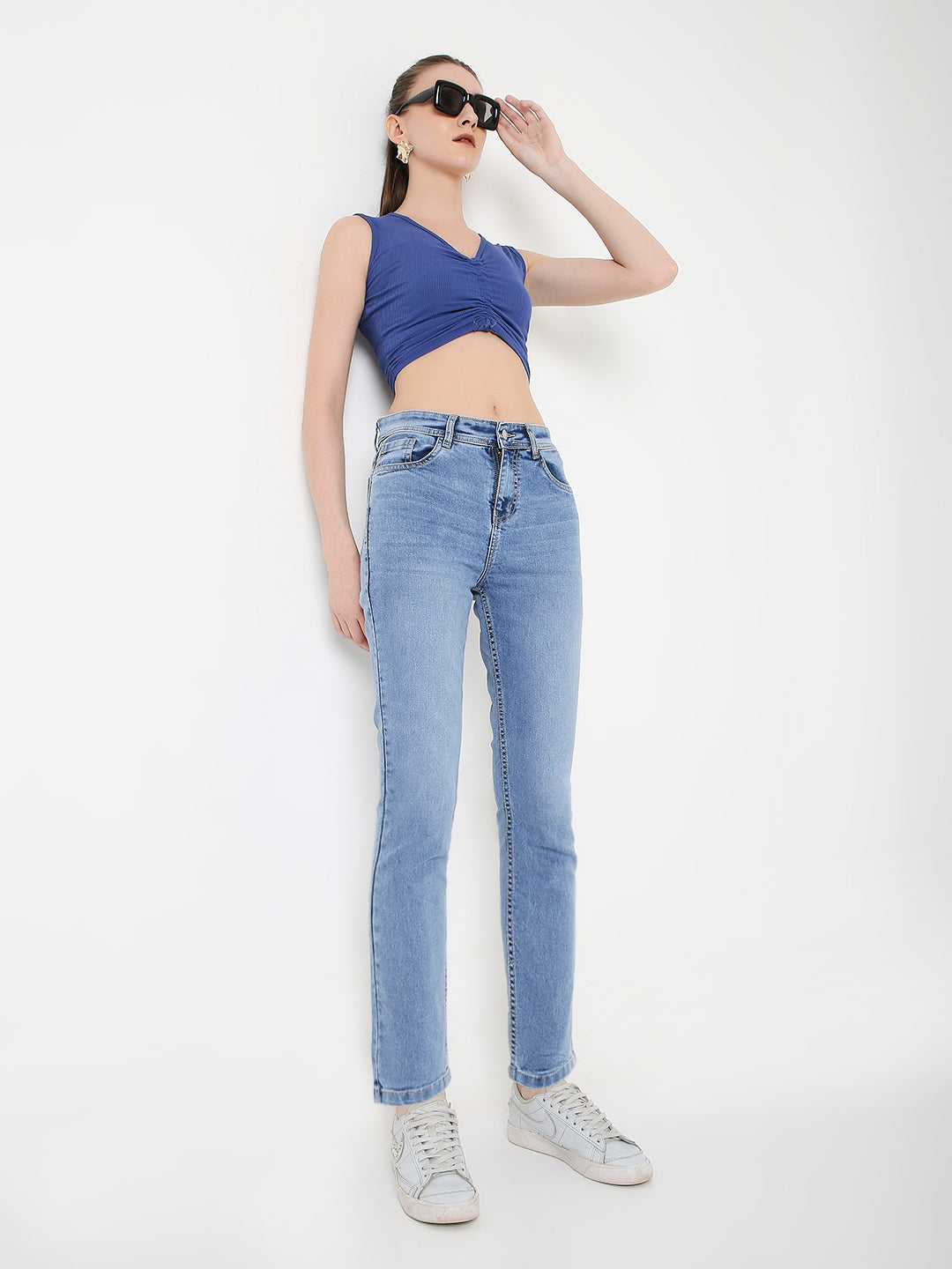 Light Blue High-Waist Straight Slim Jeans