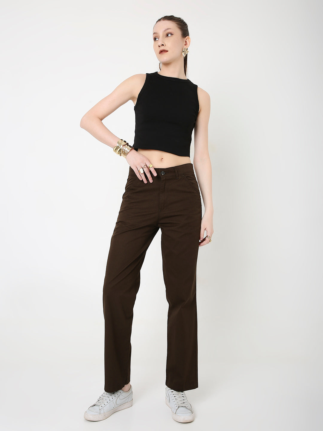 BROWN CLASSIC STRAIGHT-LEG COTTON PANTS
