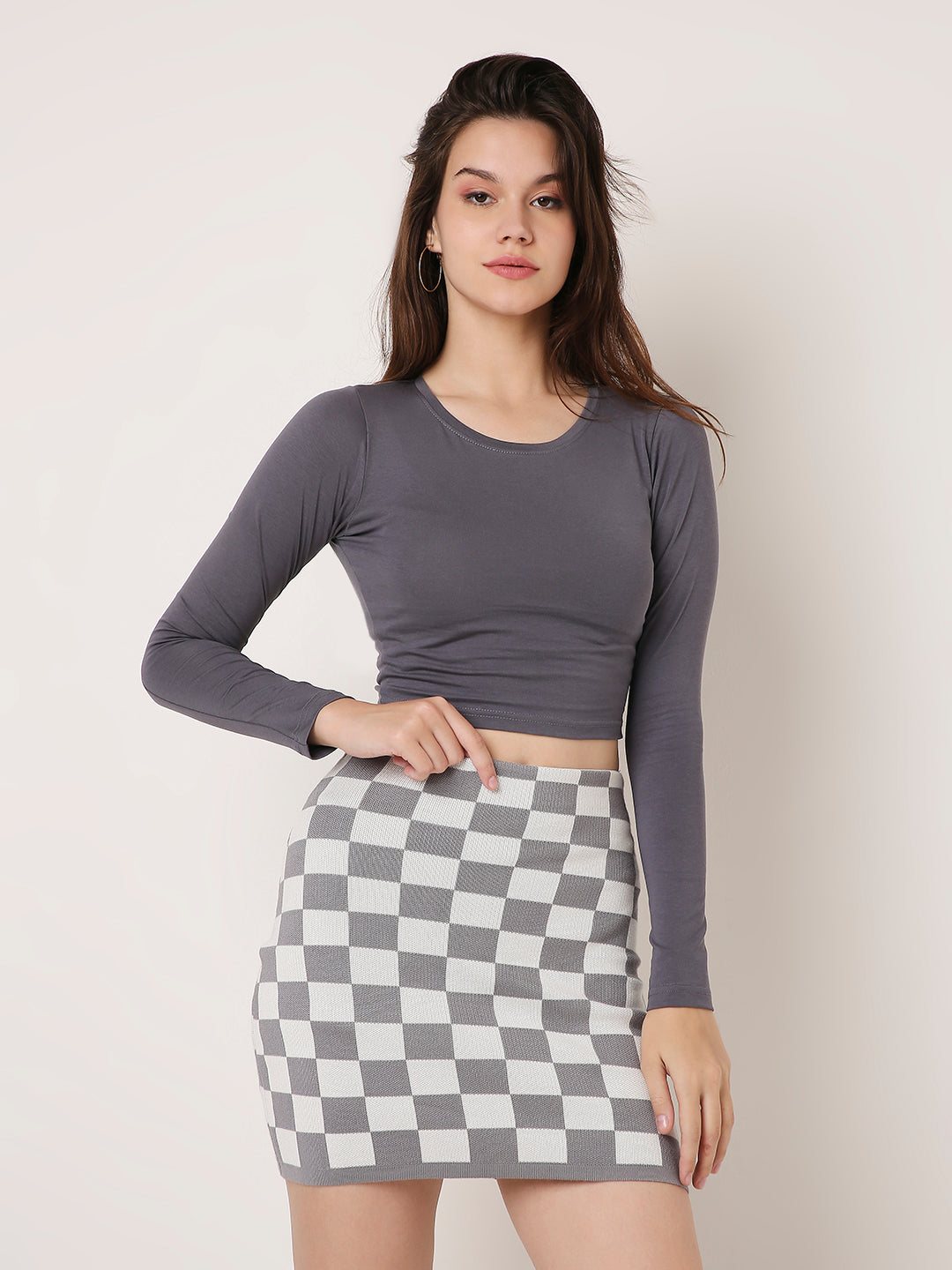Solid Full-Sleeve Fitted Crop Top