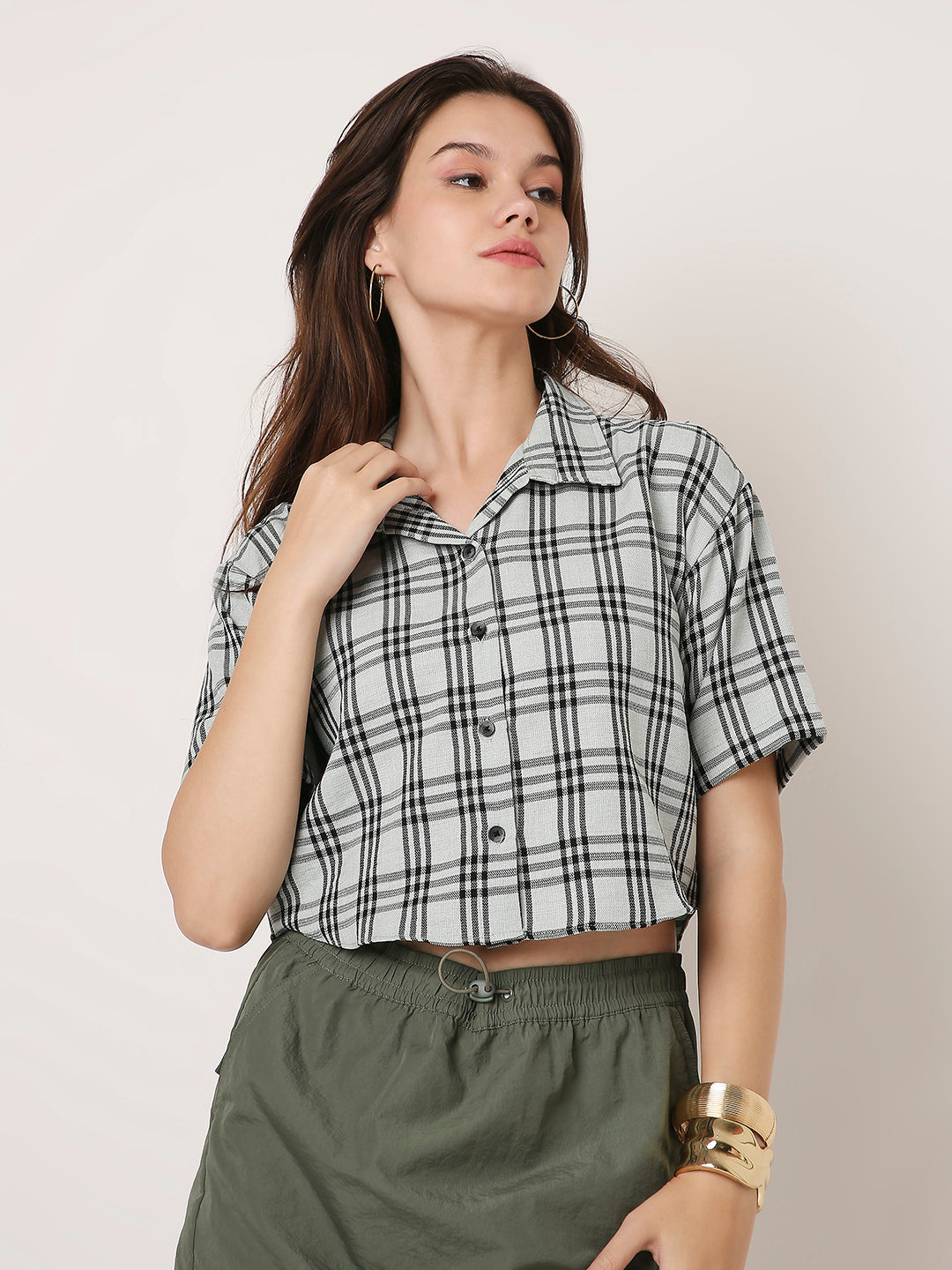 PASTEL GREEN CHECKED CROP SHIRT