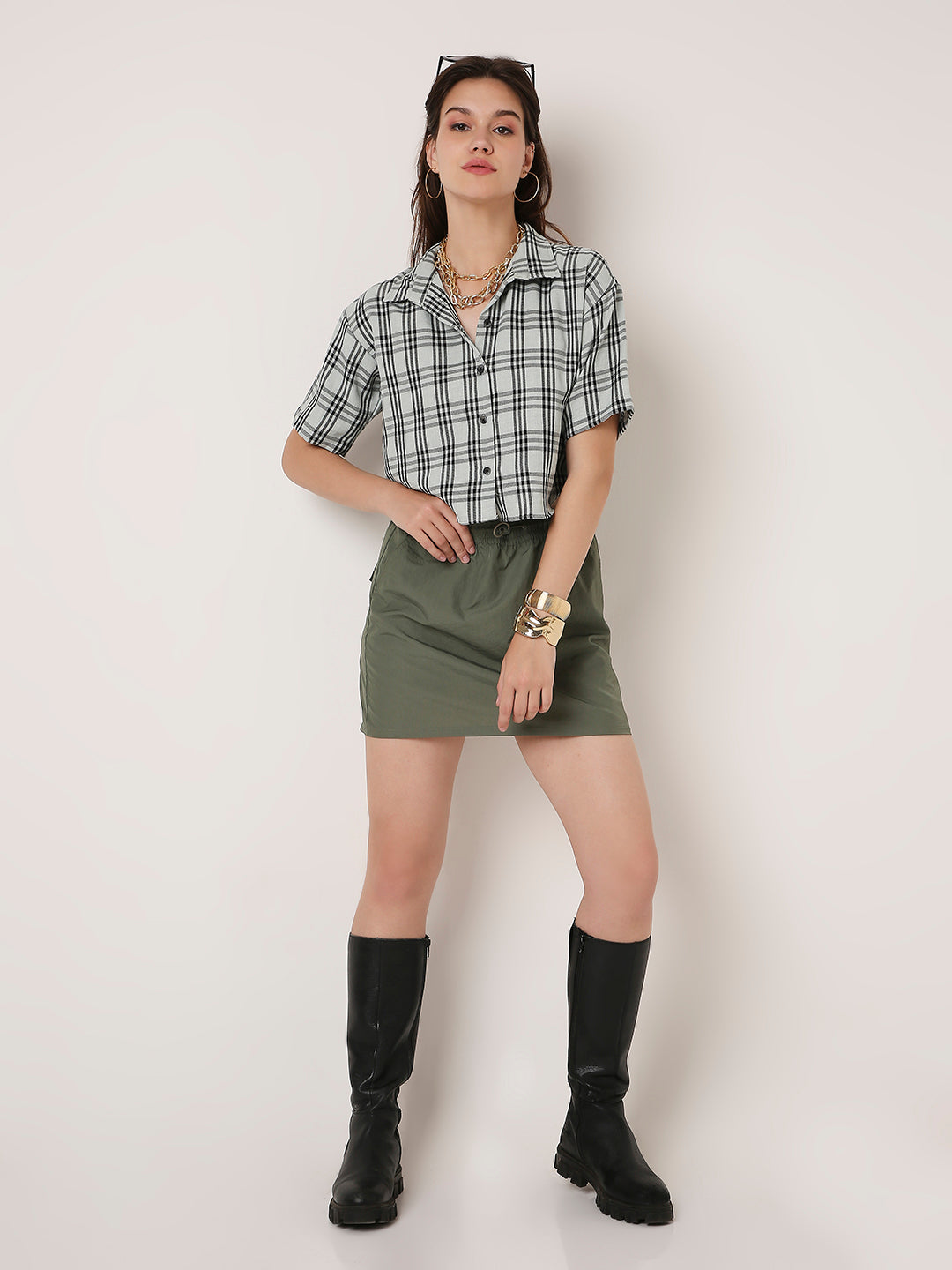 PASTEL GREEN CHECKED CROP SHIRT