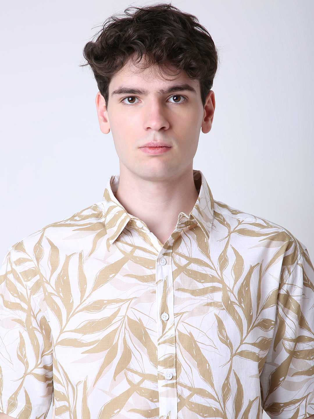 LEAF PRINTED LINEN BLEND SHORT SLEEVE CASUAL SHIRT