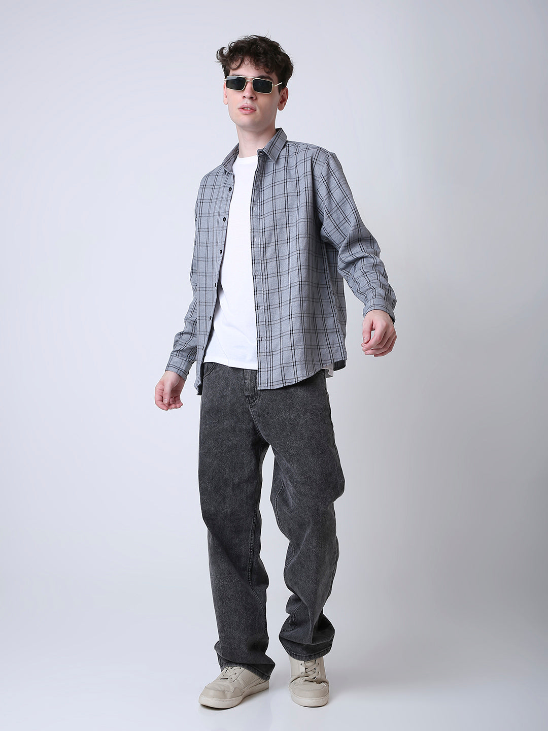 GREY CHECKED LONG SLEEVE CASUAL SHIRT
