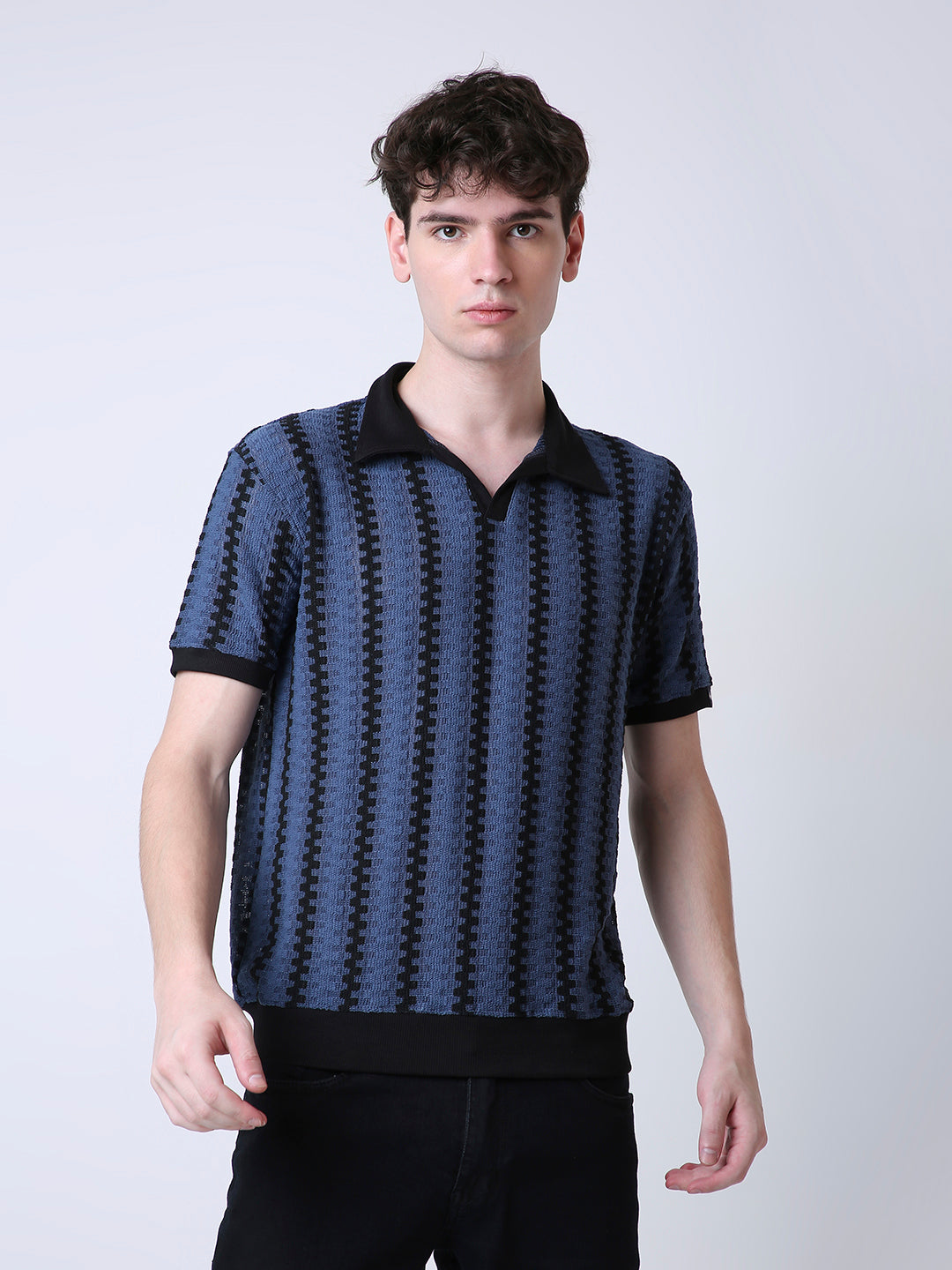 NAVY & BLACK TEXTURED POLO COLLAR KNIT T-SHIRT