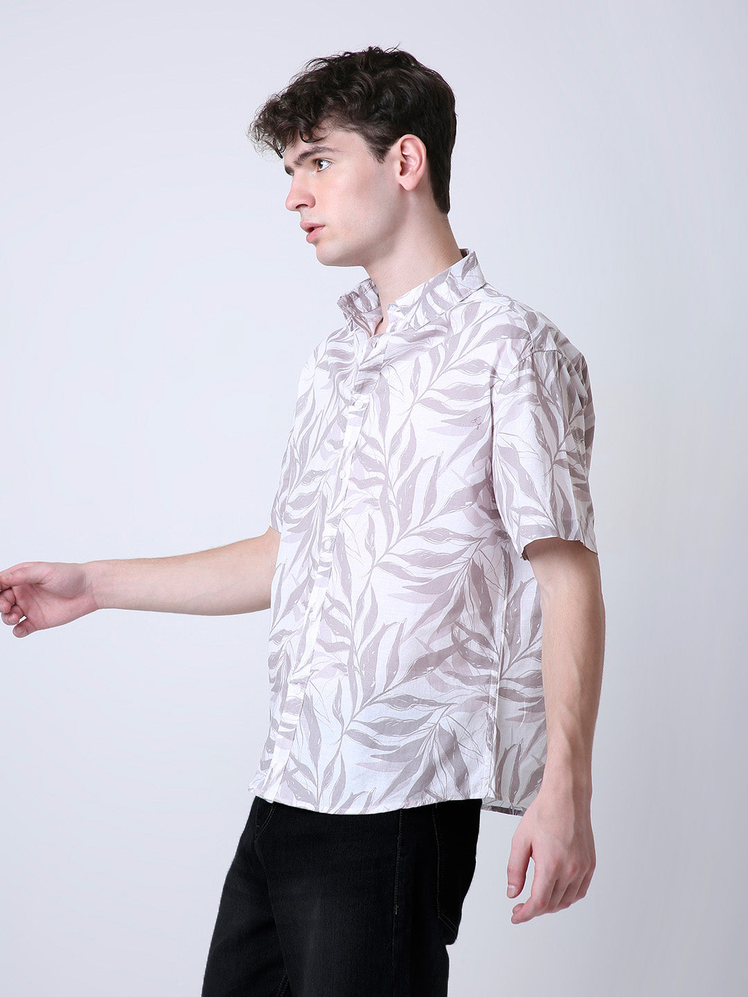 GRAY LEAF PRINTED LINEN SHIRT
