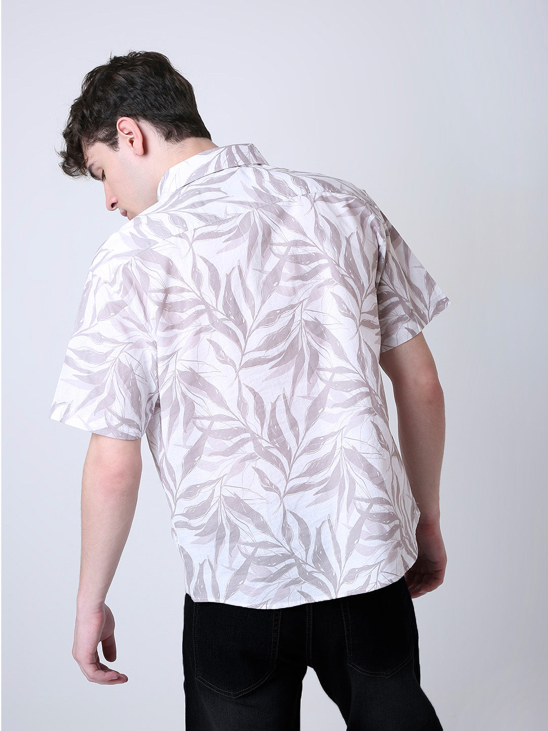 GRAY LEAF PRINTED LINEN SHIRT