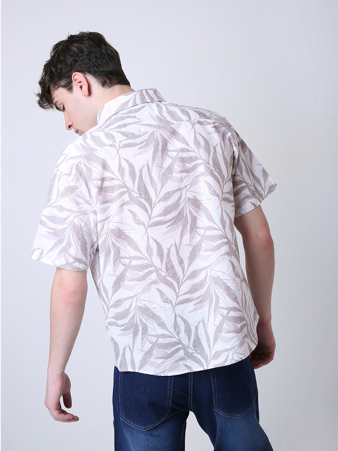 LEAF PRINTED LINEN BLEND SHORT SLEEVE CASUAL SHIRT
