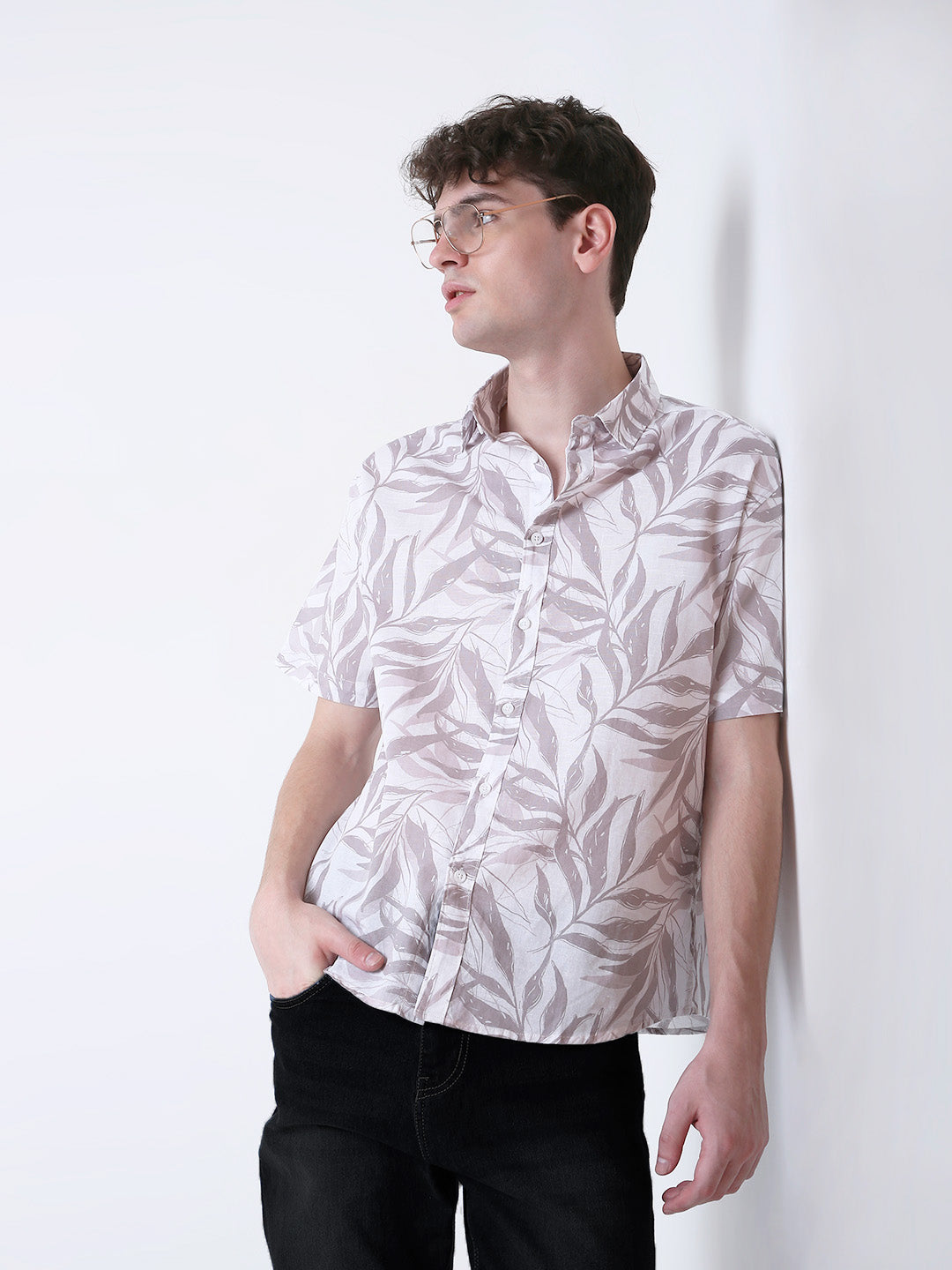 GRAY LEAF PRINTED LINEN SHIRT