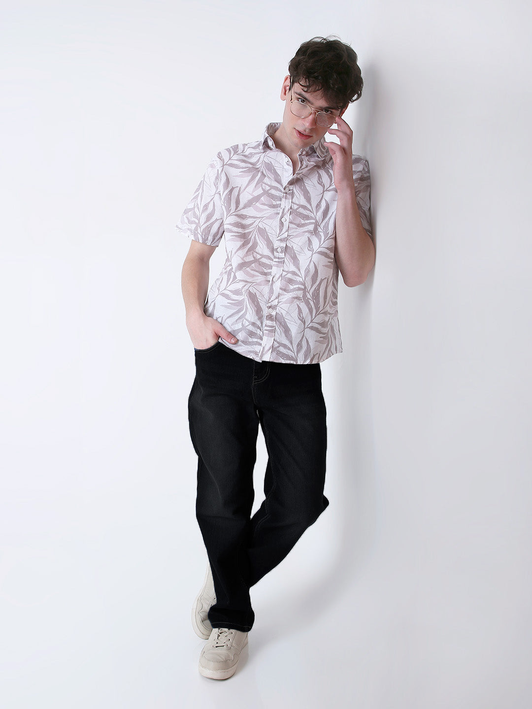 GRAY LEAF PRINTED LINEN SHIRT