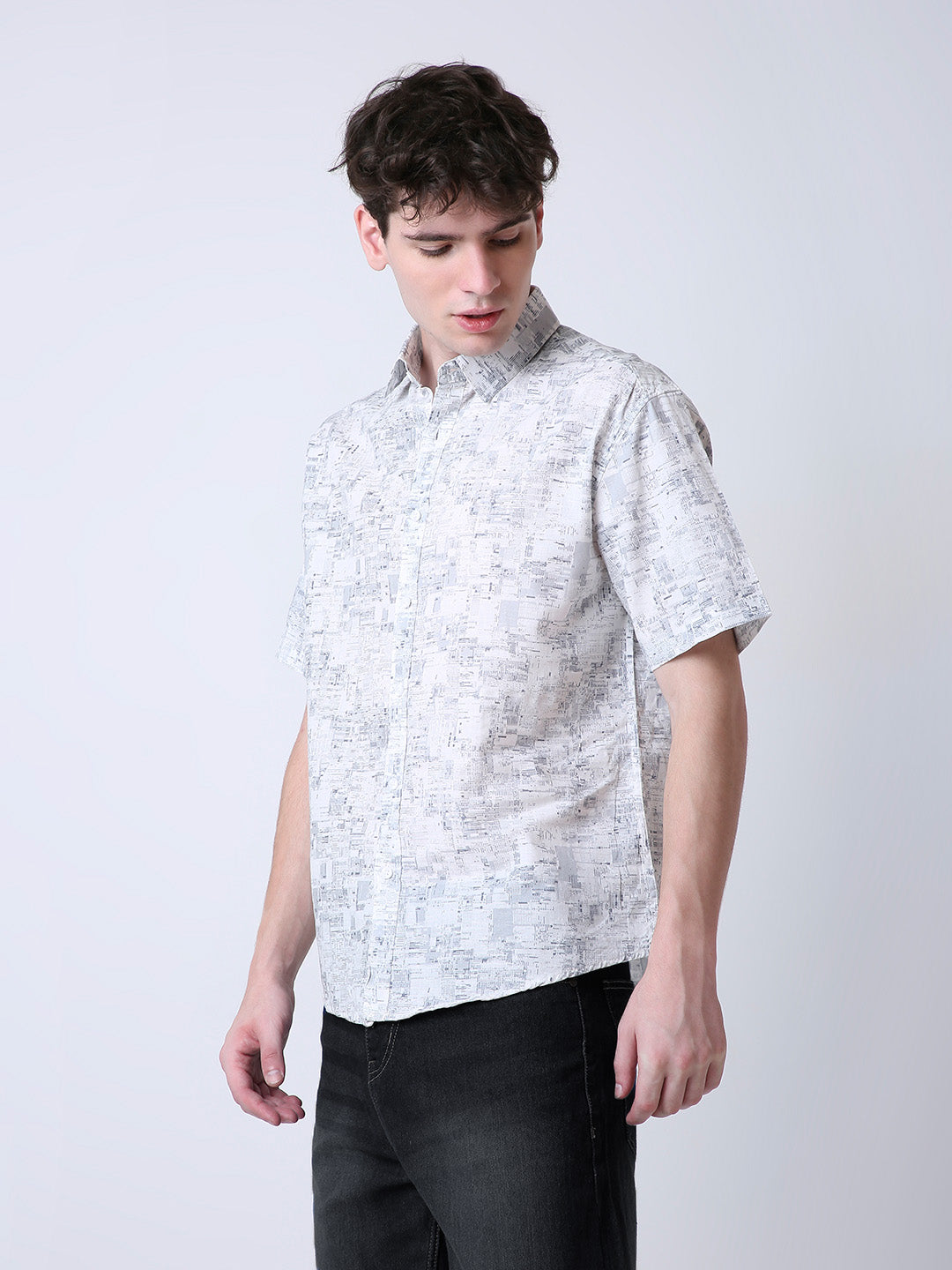 GRAY PRINTED LINEN CASUAL SHIRT