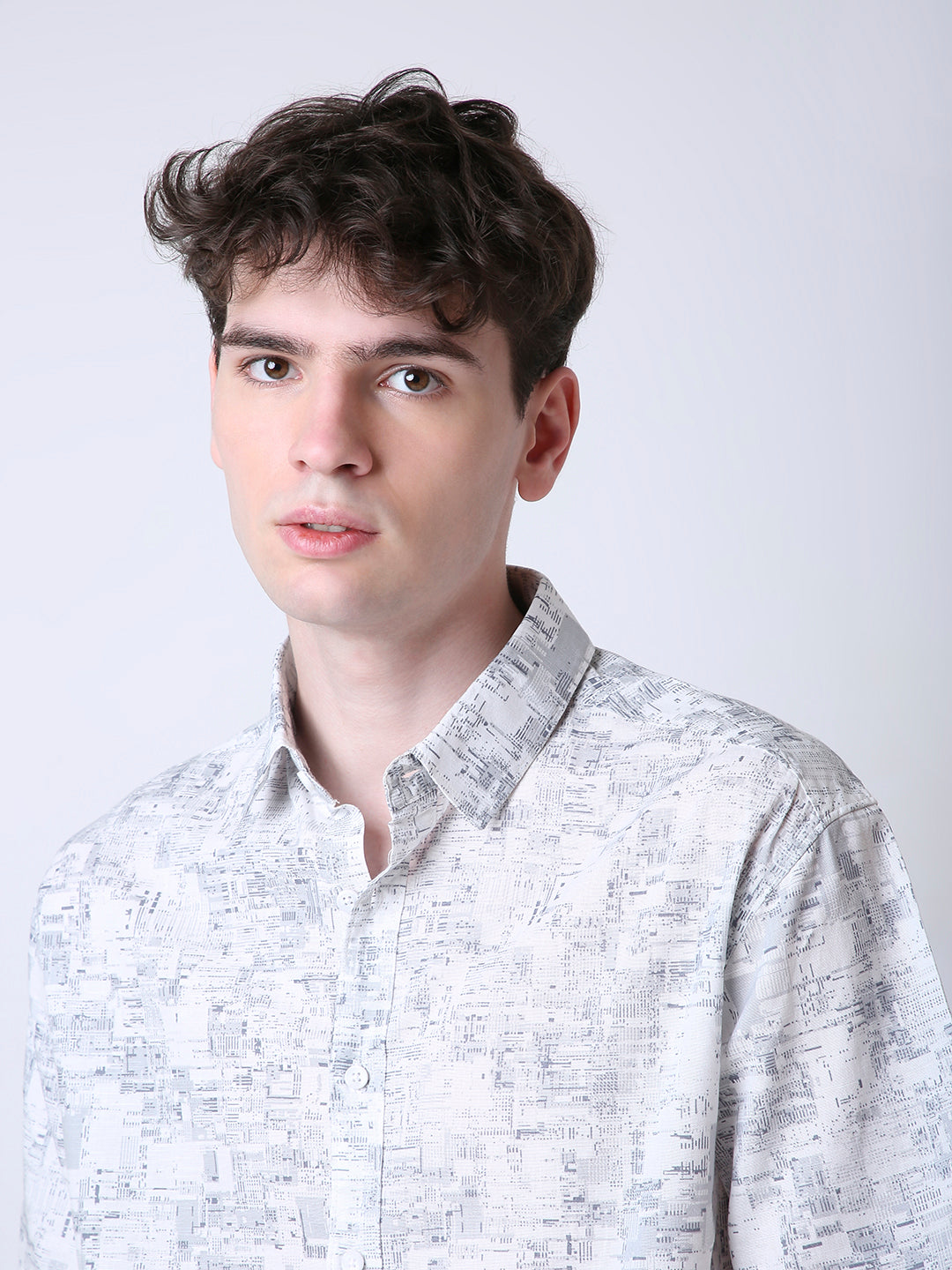 ABSTRACT PRINTED LINEN BLEND SHORT SLEEVE CASUAL SHIRT