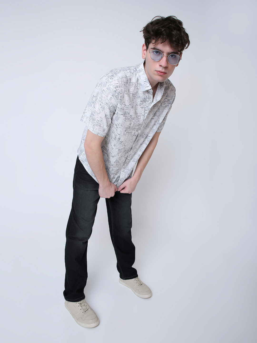 GRAY PRINTED LINEN CASUAL SHIRT