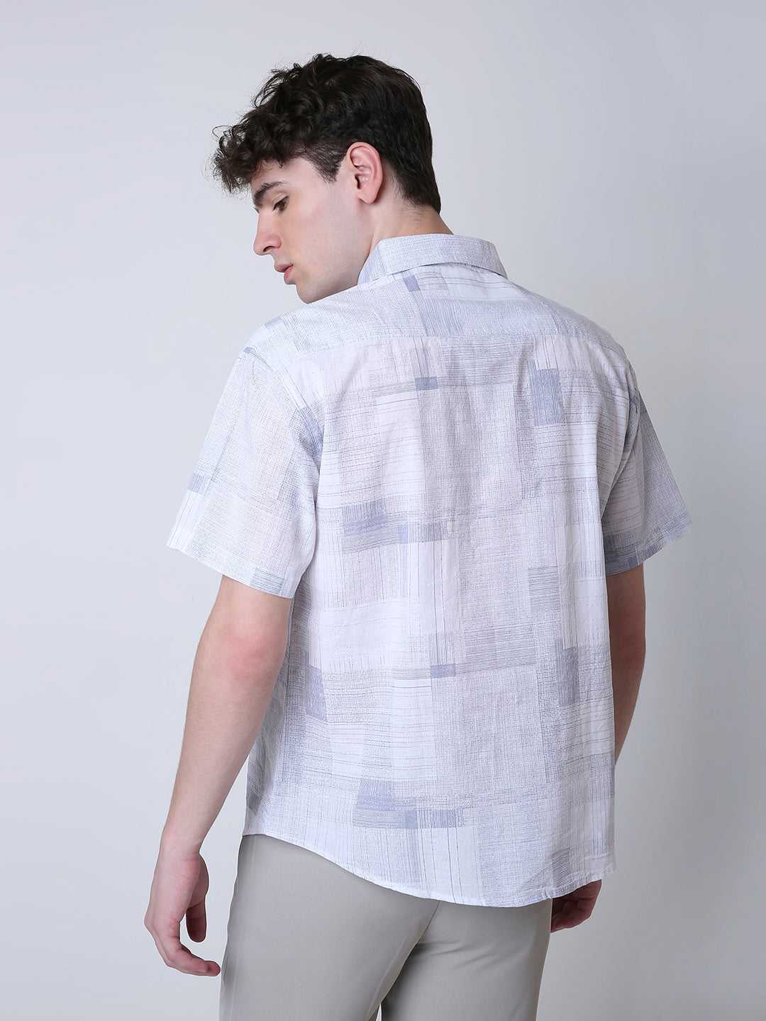 ABSTRACT PRINTED LINEN BLEND SHORT SLEEVE CASUAL SHIRT