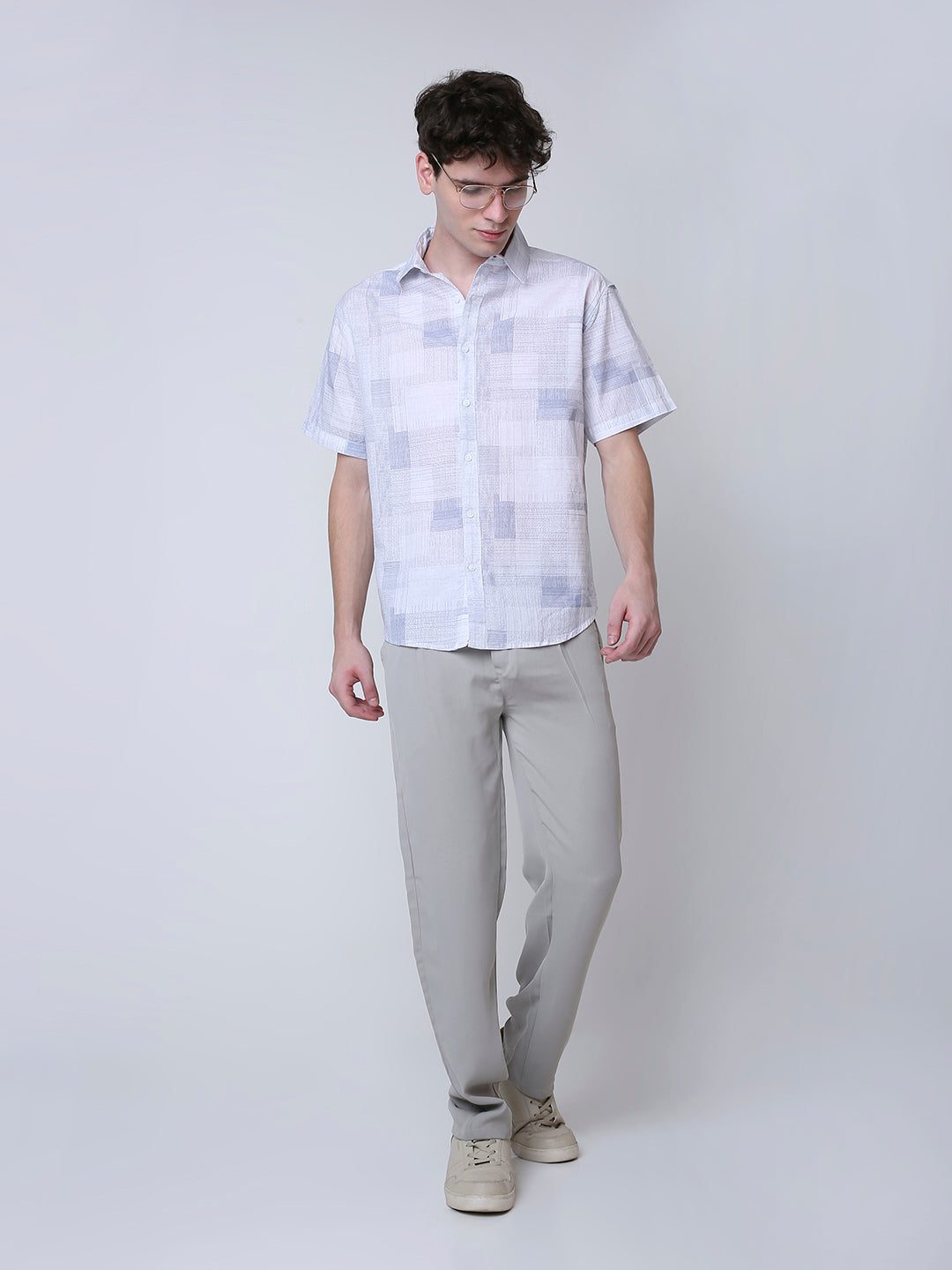 ABSTRACT PRINTED LINEN BLEND SHORT SLEEVE CASUAL SHIRT