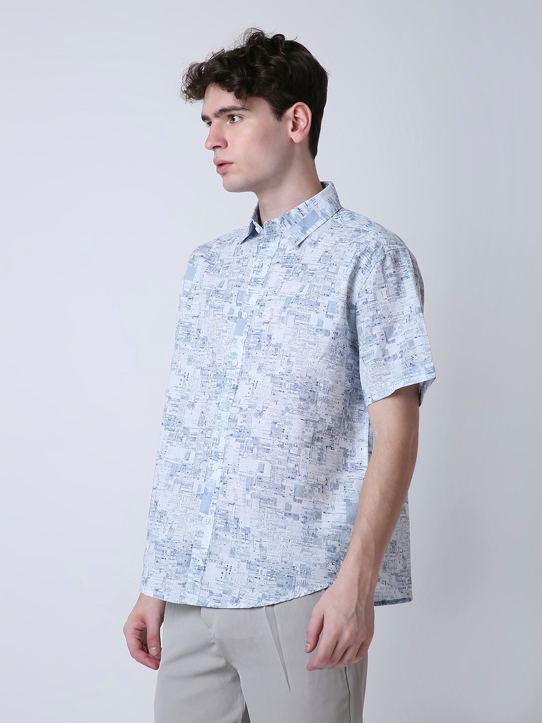BLUE PRINTED LINEN CASUAL SHIRT