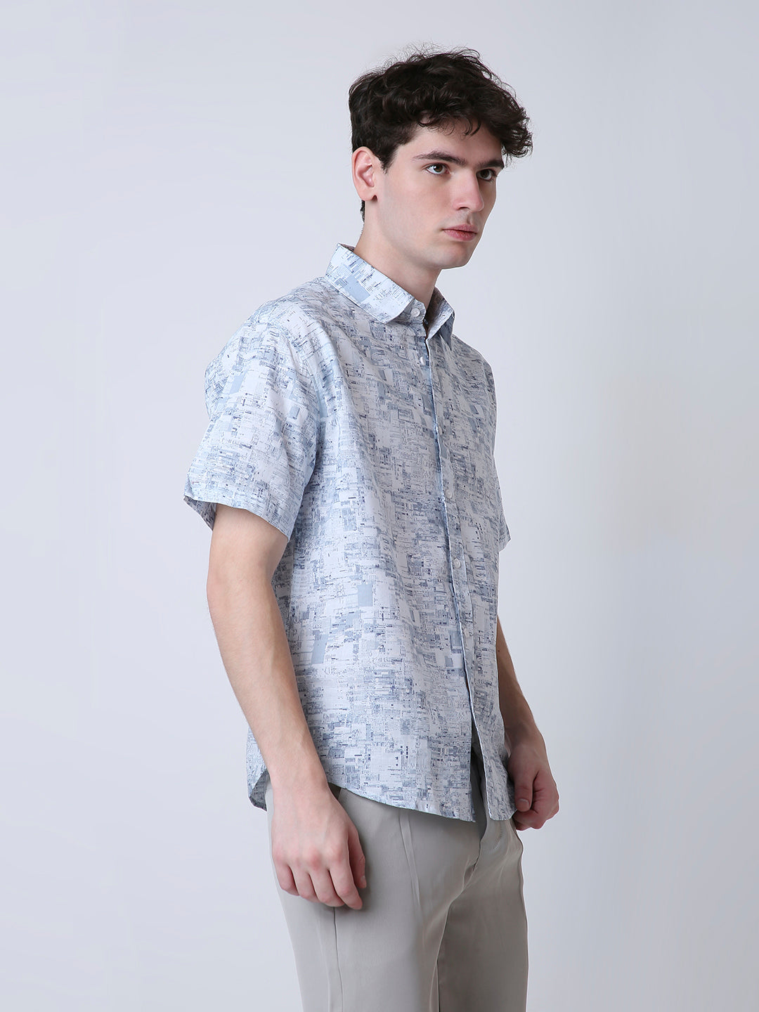 BLUE PRINTED LINEN CASUAL SHIRT