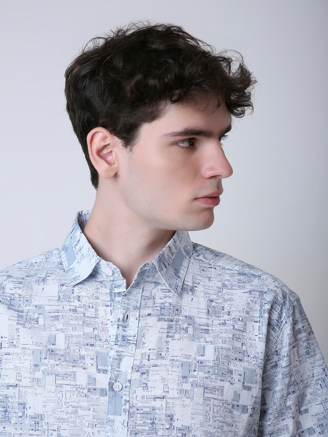 ABSTRACT PRINTED LINEN BLEND SHORT SLEEVE CASUAL SHIRT