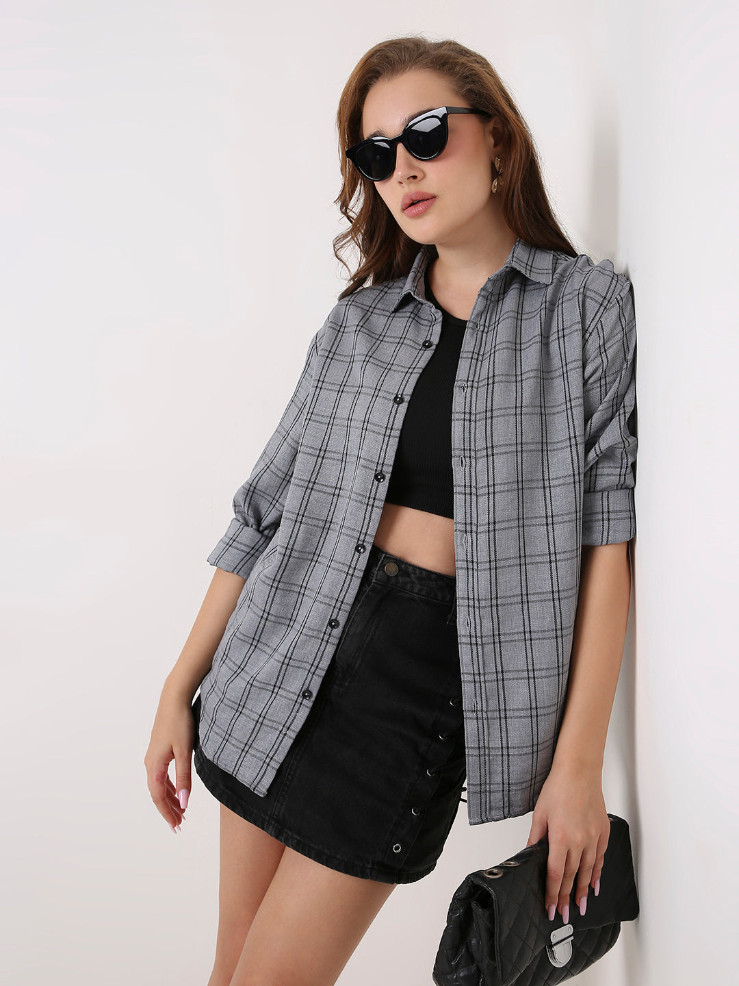 Grey Checked Oversized Casual Shirt