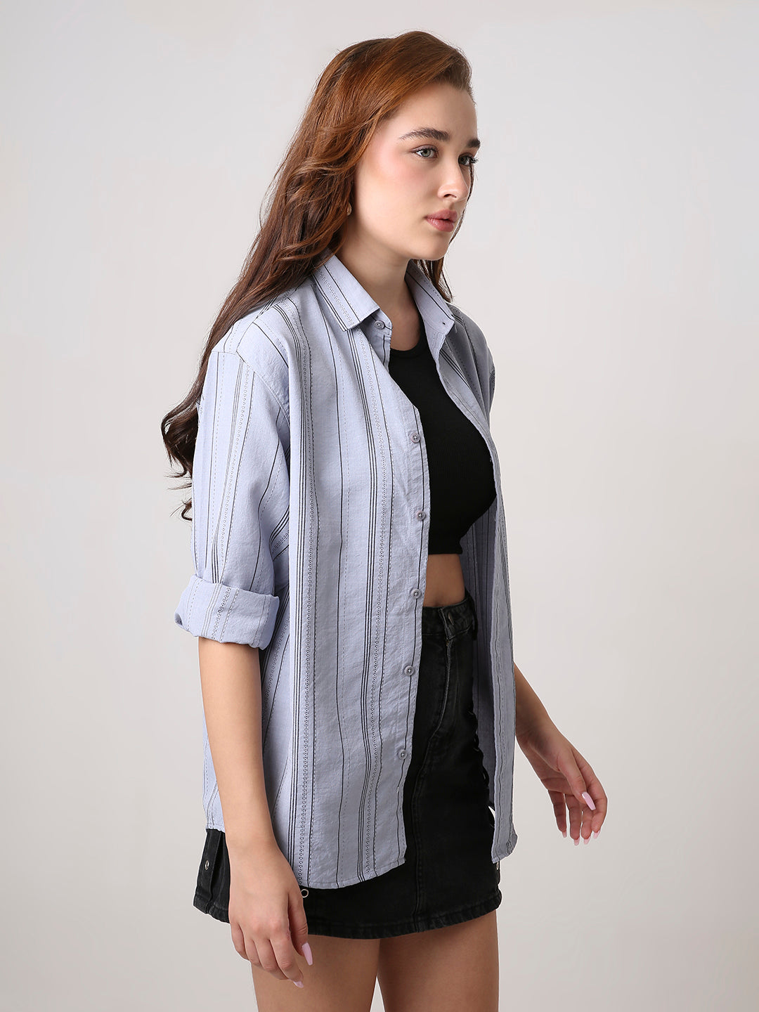 Grey Textured Stripe Oversized Shirt