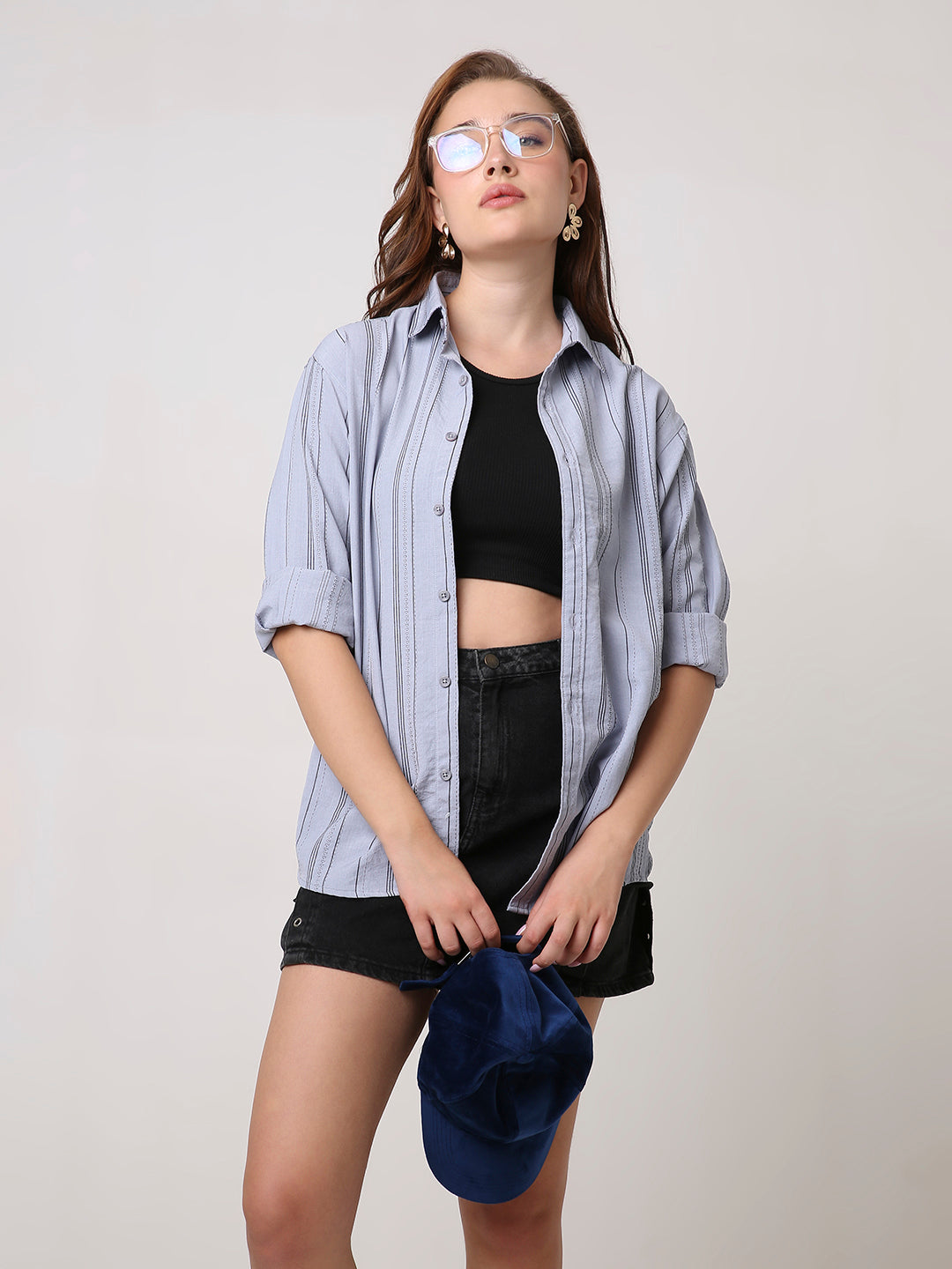 Grey Textured Stripe Oversized Shirt