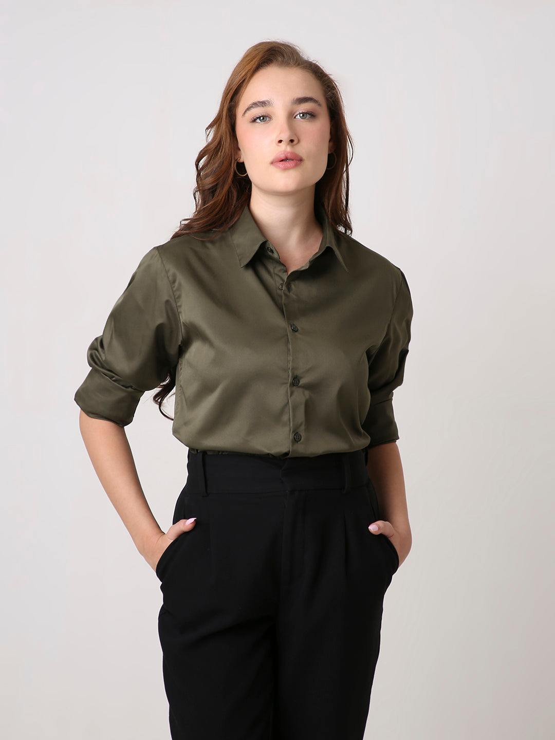 Olive Satin Formal Shirt