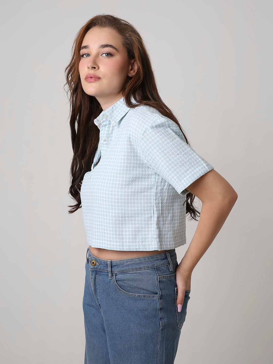 BLUE TEXTURED CROPPED POLO