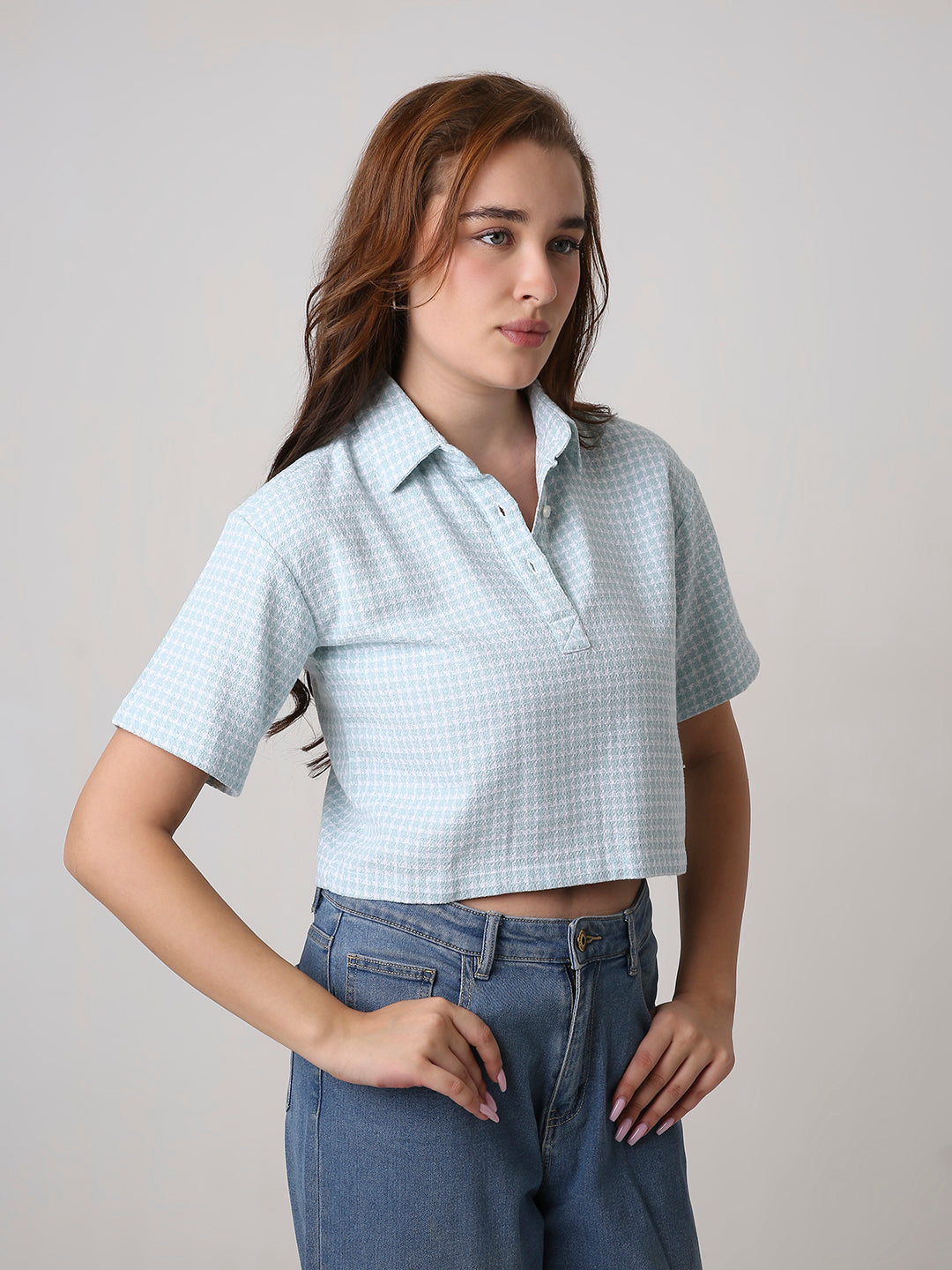 BLUE TEXTURED CROPPED POLO