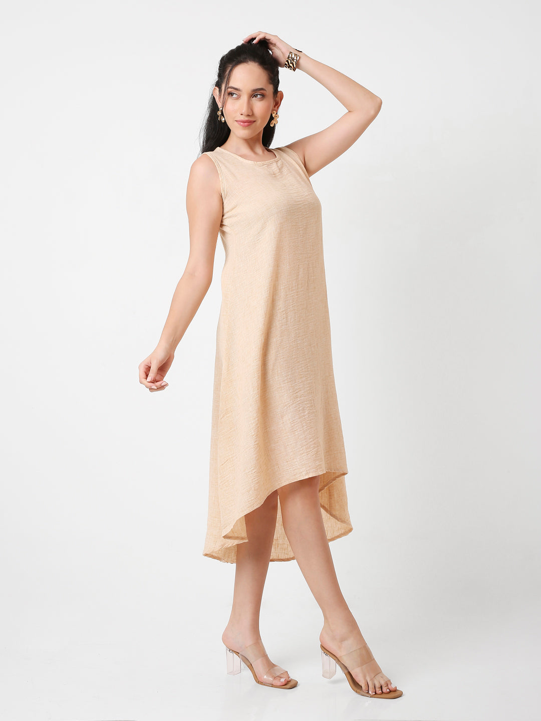 ORANGE SLEEVELESS HIGH-LOW MIDI DRESS