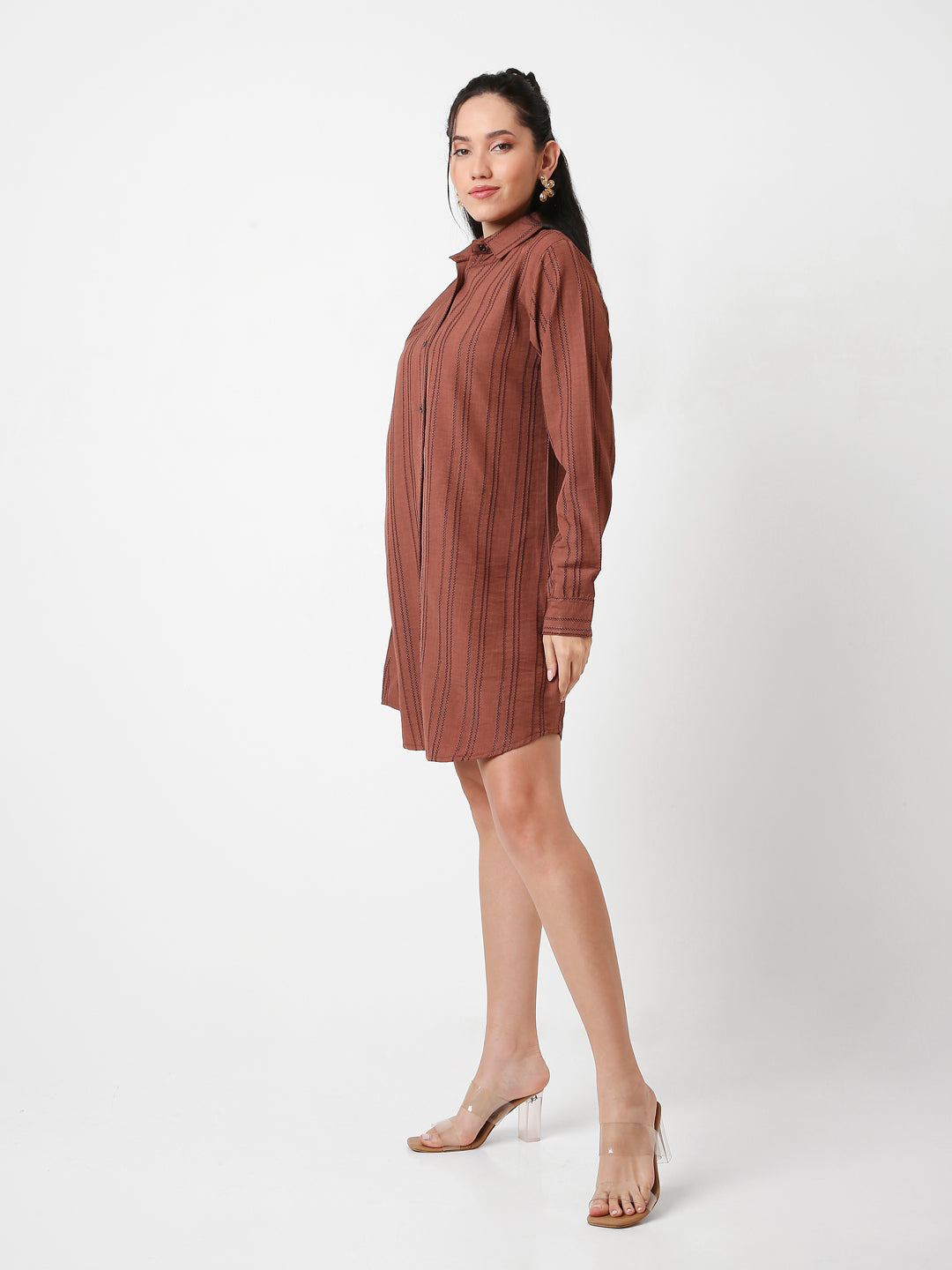 RUST STRIPED SHIRT DRESS